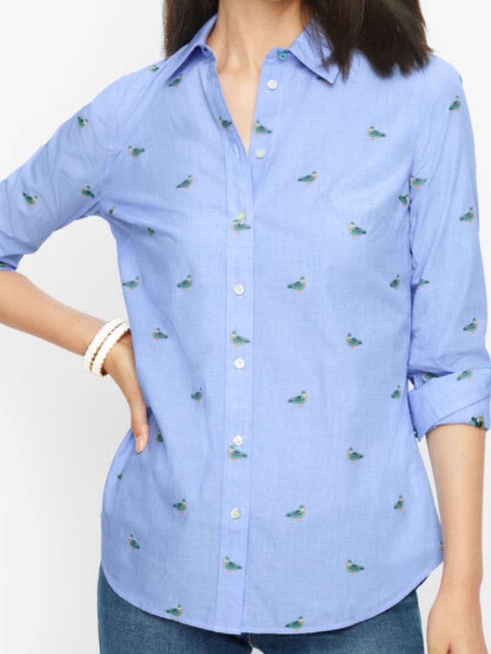 Talbots Light Blue Button-Down Shirt with Mallard Duck Print Cotton Size Large